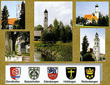 view of the churches of Gersthofen (upper left), Hirblingen (upper right), Edenbergen (lower left), Rettenbergen (lower right) and BATZENHOFEN (center)